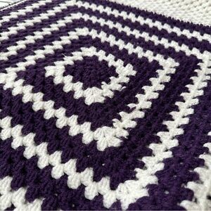 Handmade Crochet Big Square Knit Throw Blanket Purple+White 48”x60”